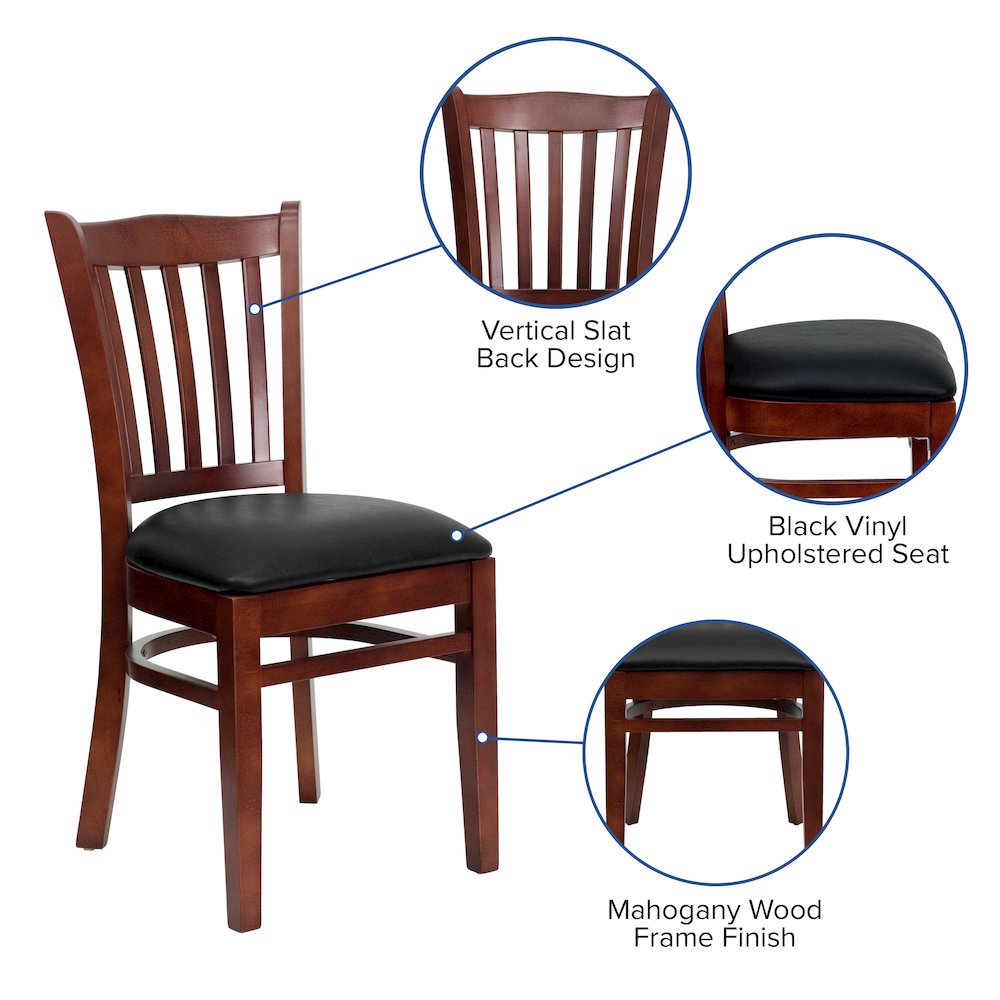 Vertical Slat Back Mahogany Wood Restaurant Chair – Black Vinyl Seat