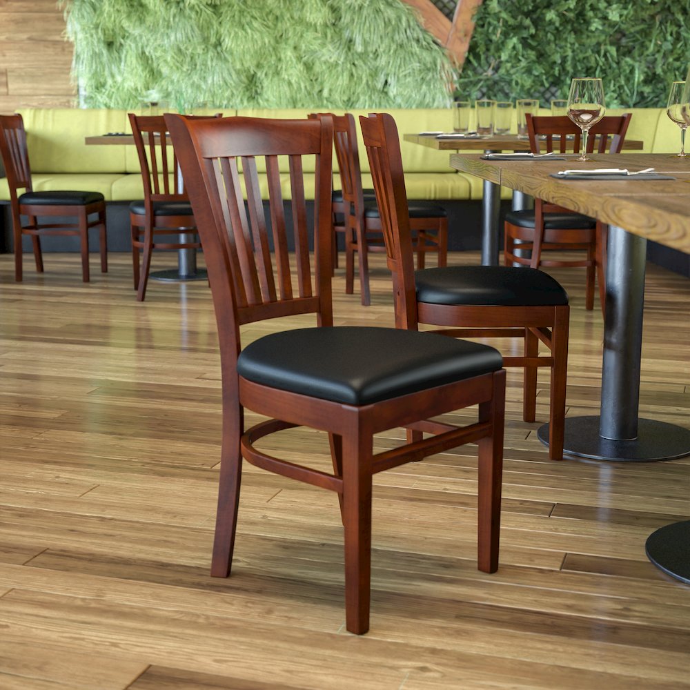 Vertical Slat Back Mahogany Wood Restaurant Chair – Black Vinyl Seat