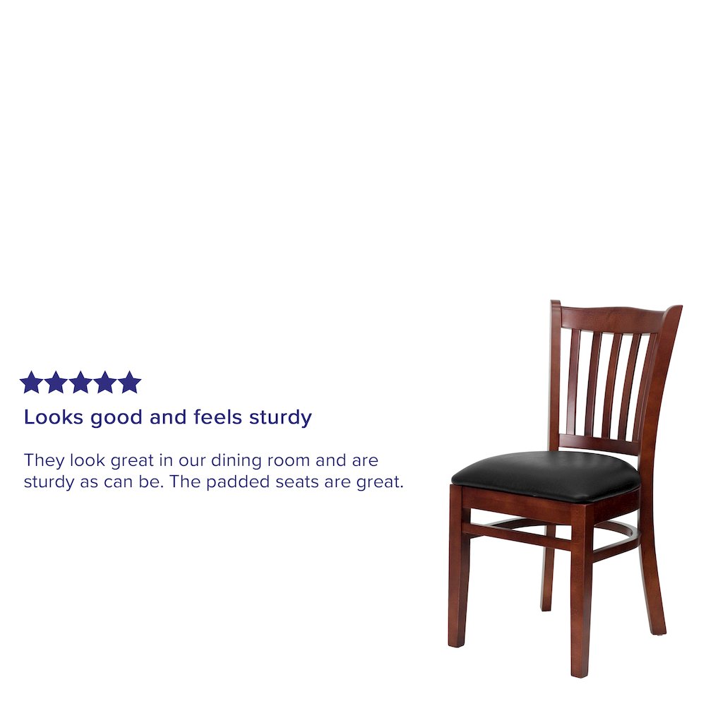Vertical Slat Back Mahogany Wood Restaurant Chair – Black Vinyl Seat