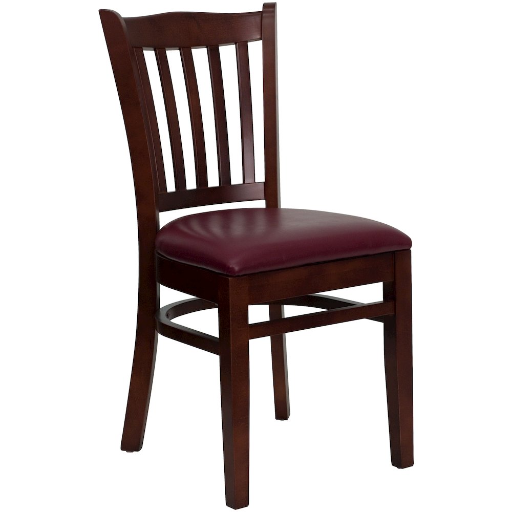 Vertical Slat Back Mahogany Wood Restaurant Chair – Burgundy Vinyl Seat