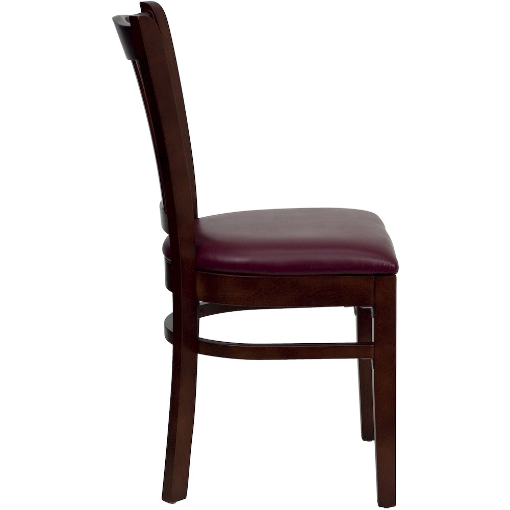 Vertical Slat Back Mahogany Wood Restaurant Chair – Burgundy Vinyl Seat