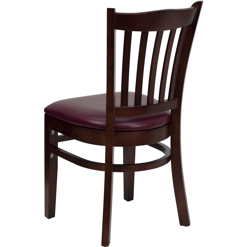Vertical Slat Back Mahogany Wood Restaurant Chair – Burgundy Vinyl Seat