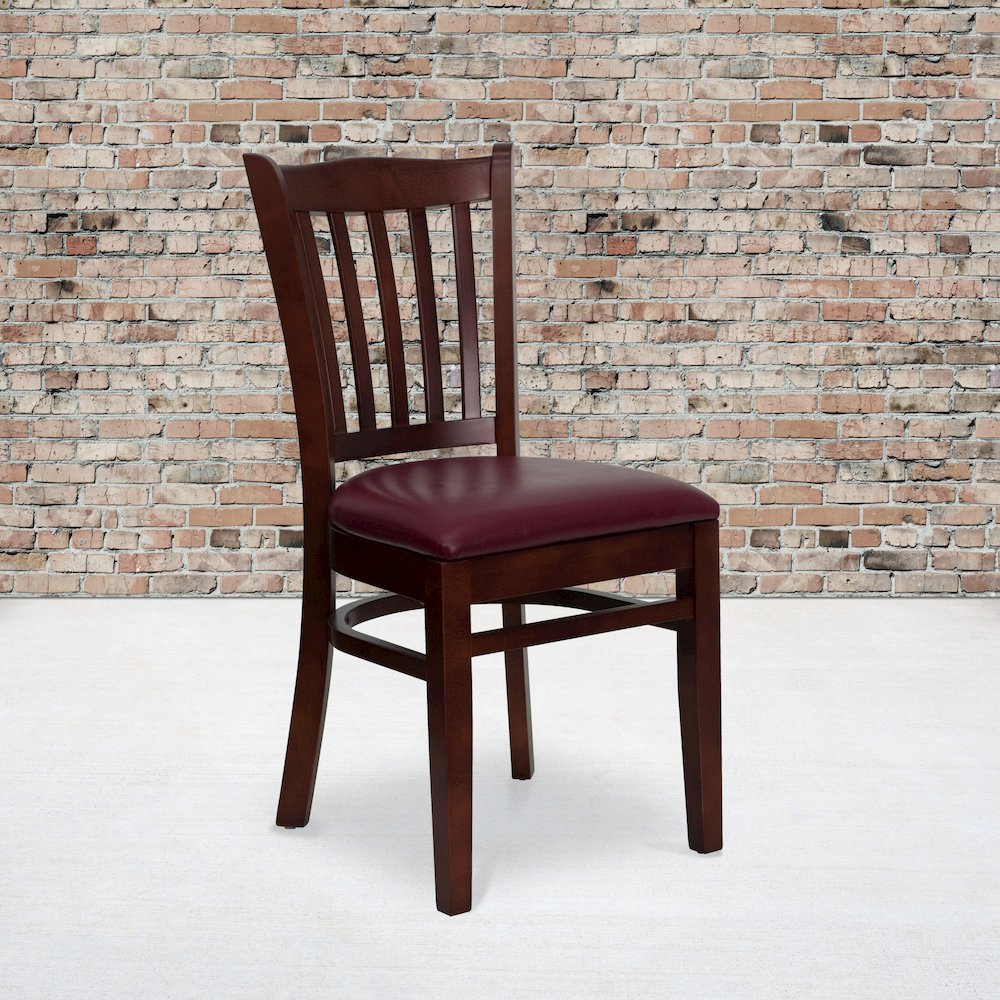 Vertical Slat Back Mahogany Wood Restaurant Chair – Burgundy Vinyl Seat