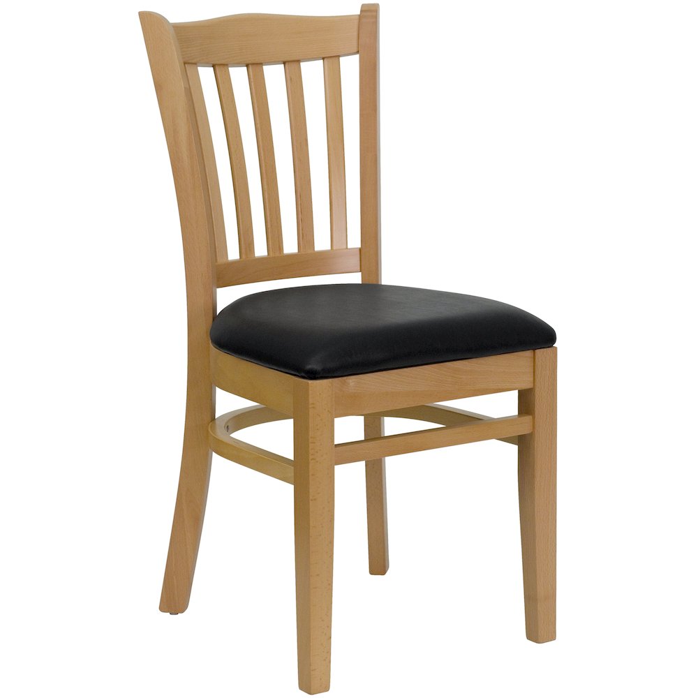 Vertical Slat Back Natural Wood Restaurant Chair – Black Vinyl Seat