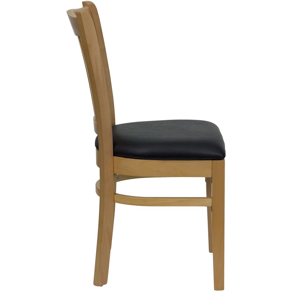 Vertical Slat Back Natural Wood Restaurant Chair – Black Vinyl Seat