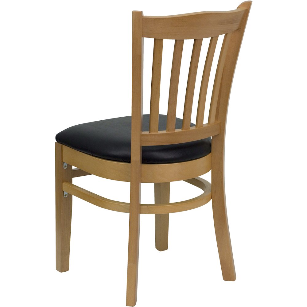 Vertical Slat Back Natural Wood Restaurant Chair – Black Vinyl Seat
