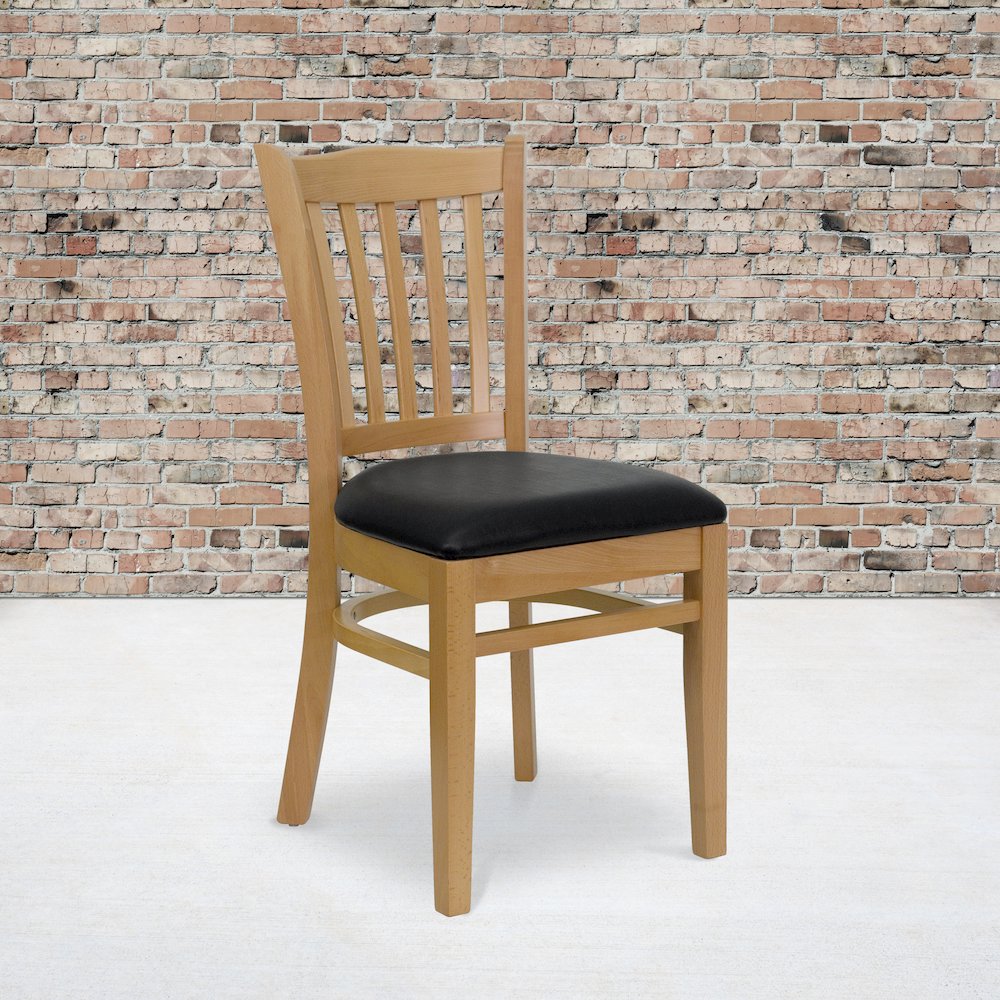 Vertical Slat Back Natural Wood Restaurant Chair – Black Vinyl Seat