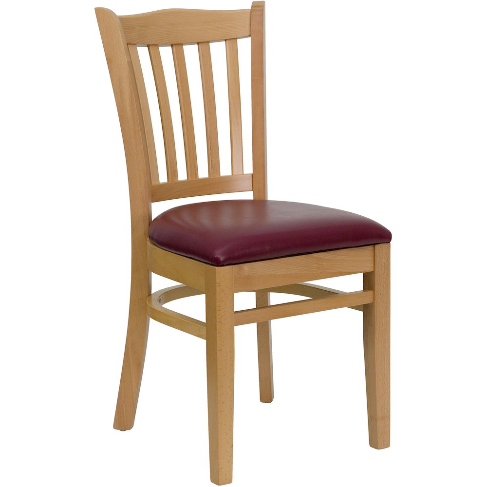 Vertical Slat Back Natural Wood Restaurant Chair – Burgundy Vinyl Seat
