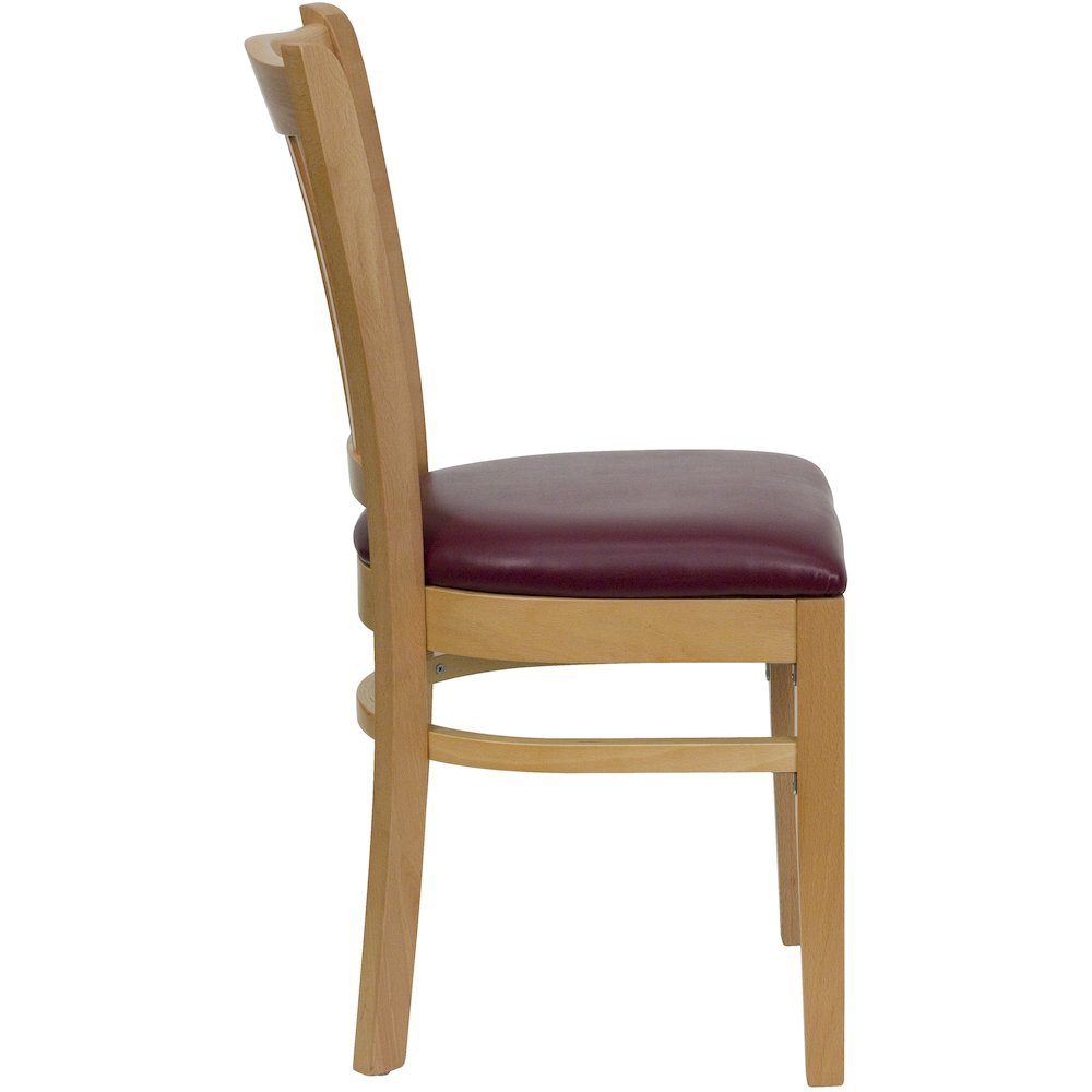 Vertical Slat Back Natural Wood Restaurant Chair – Burgundy Vinyl Seat
