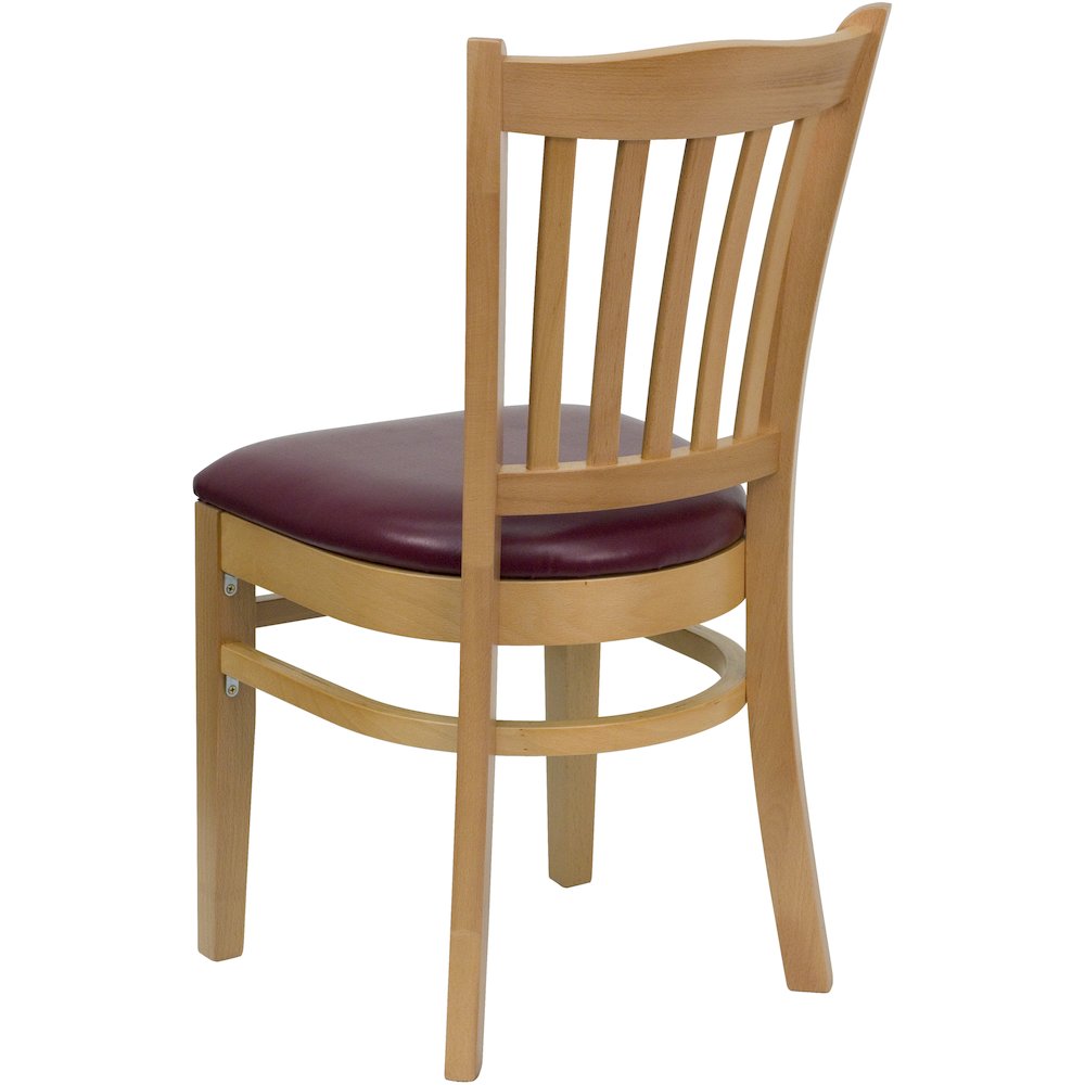 Vertical Slat Back Natural Wood Restaurant Chair – Burgundy Vinyl Seat