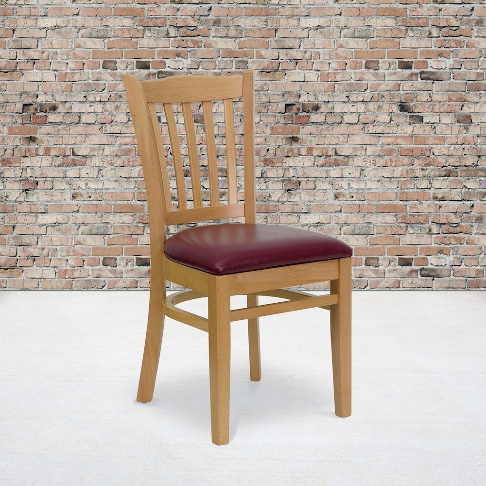 Vertical Slat Back Natural Wood Restaurant Chair – Burgundy Vinyl Seat