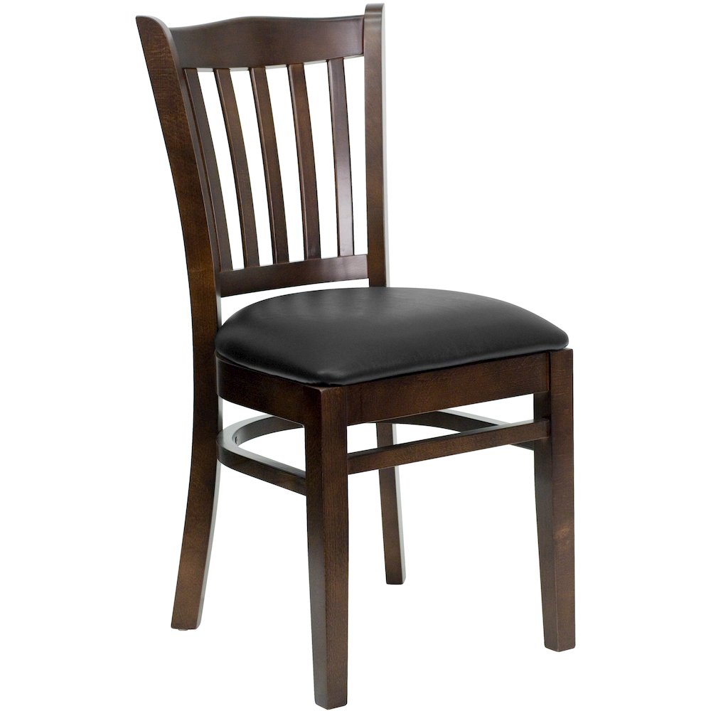 Vertical Slat Back Walnut Wood Restaurant Chair – Black Vinyl Seat