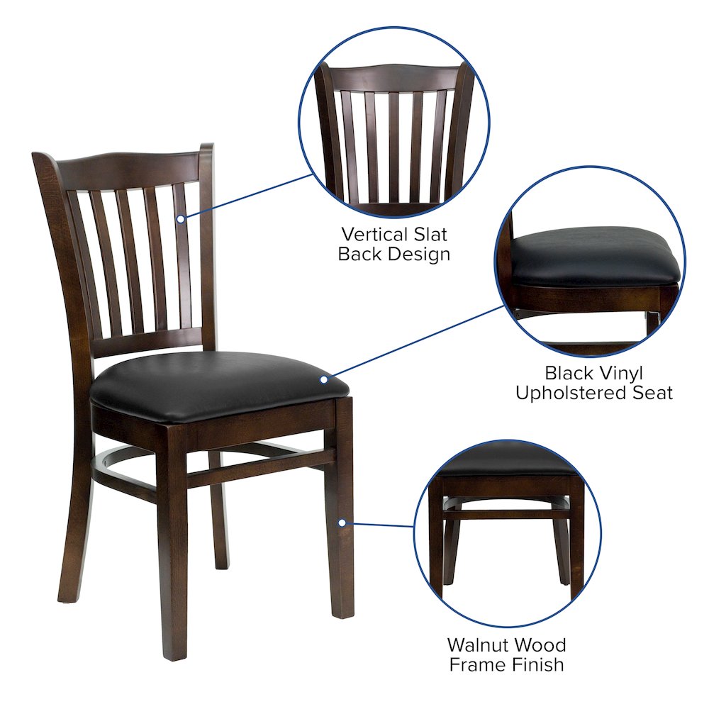 Vertical Slat Back Walnut Wood Restaurant Chair – Black Vinyl Seat