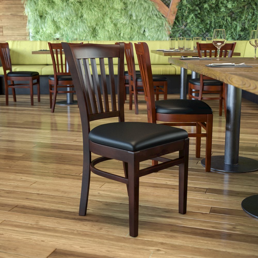 Vertical Slat Back Walnut Wood Restaurant Chair – Black Vinyl Seat