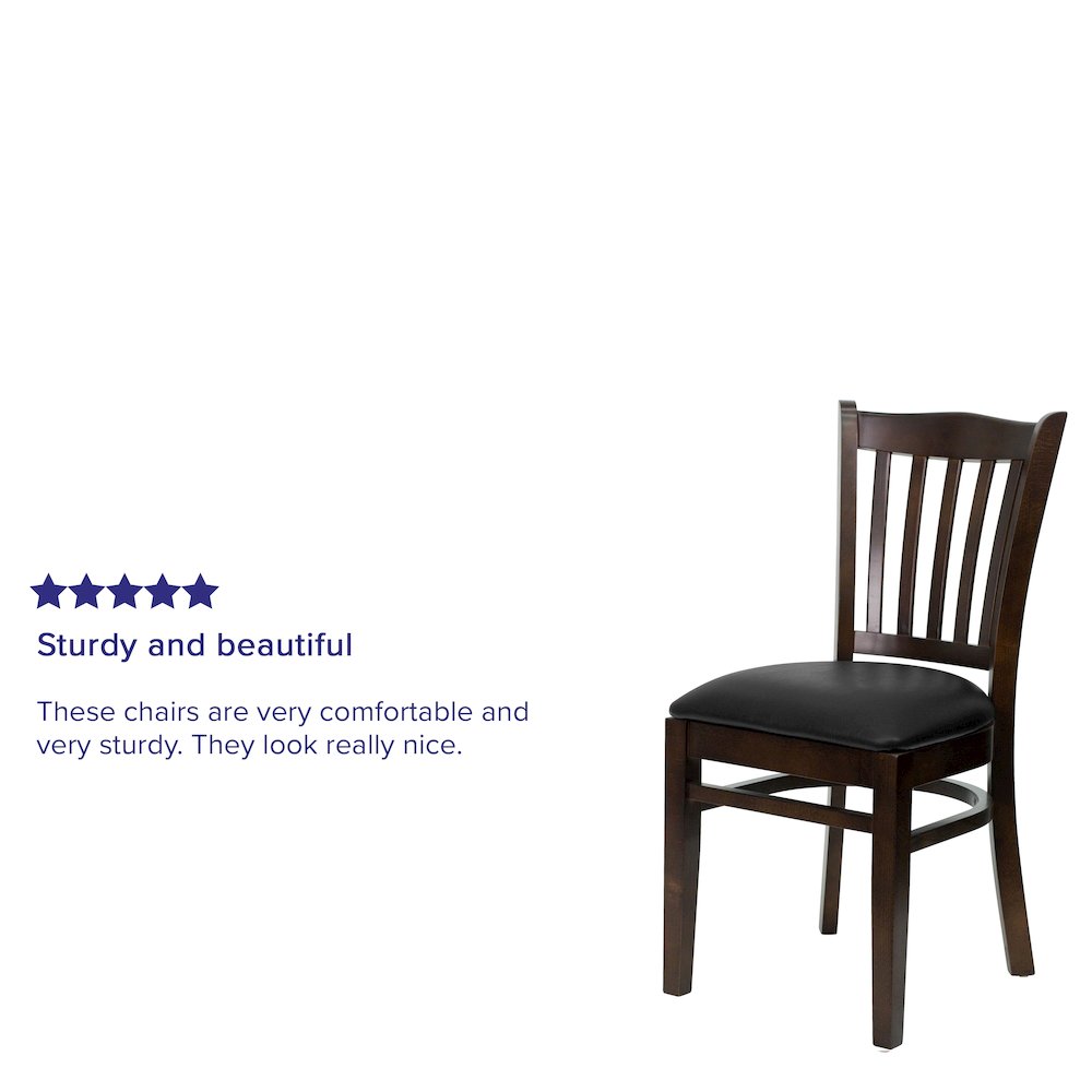 Vertical Slat Back Walnut Wood Restaurant Chair – Black Vinyl Seat