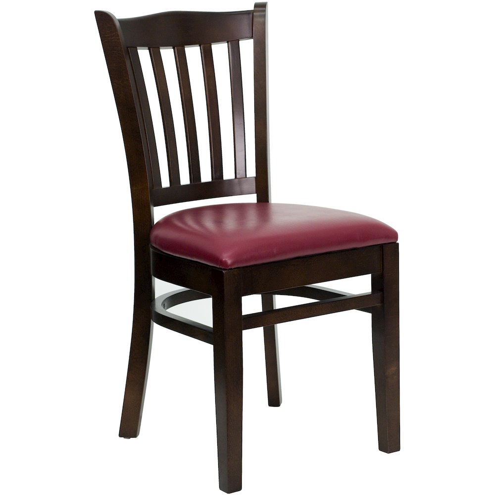 Vertical Slat Back Walnut Wood Restaurant Chair – Burgundy Vinyl Seat