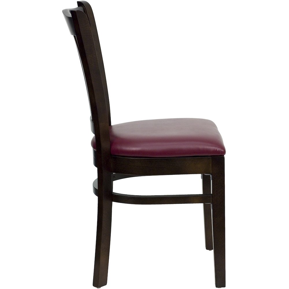 Vertical Slat Back Walnut Wood Restaurant Chair – Burgundy Vinyl Seat