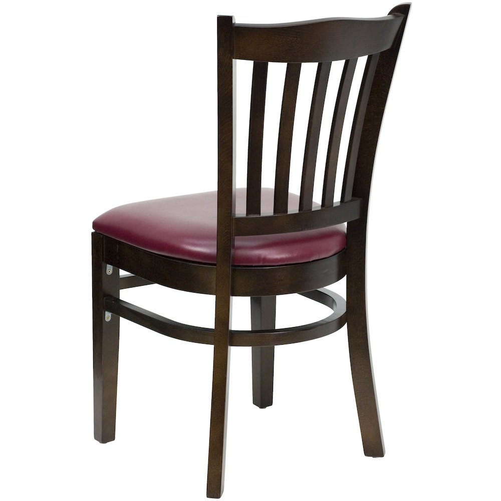 Vertical Slat Back Walnut Wood Restaurant Chair – Burgundy Vinyl Seat