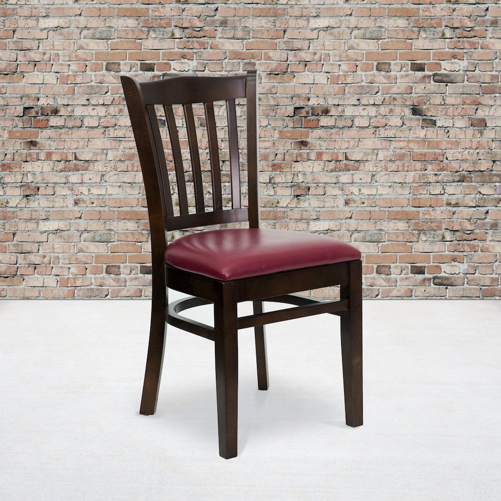 Vertical Slat Back Walnut Wood Restaurant Chair – Burgundy Vinyl Seat