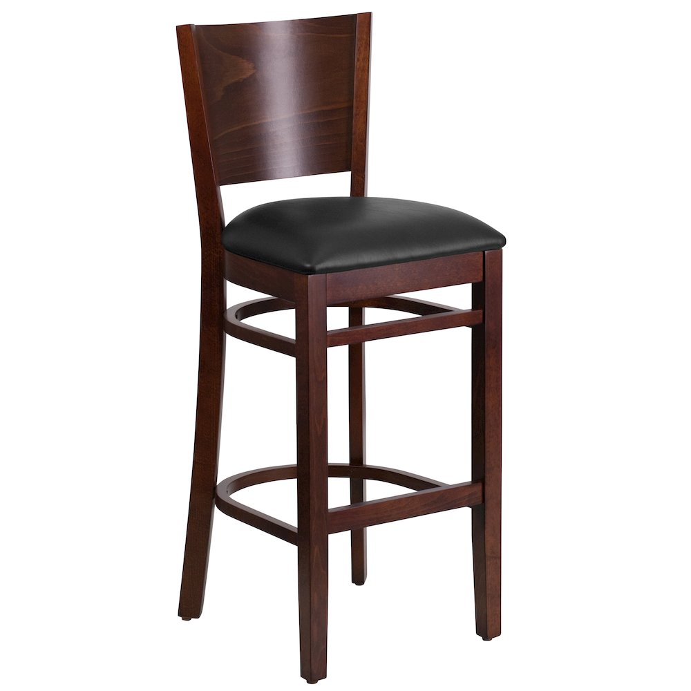 Solid Back Walnut Wood Restaurant Barstool – Black Vinyl Seat