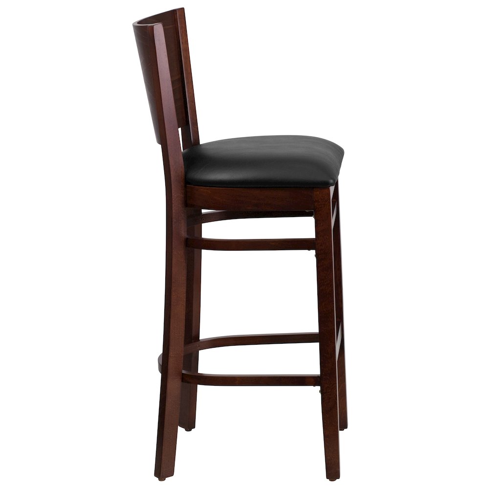 Solid Back Walnut Wood Restaurant Barstool – Black Vinyl Seat