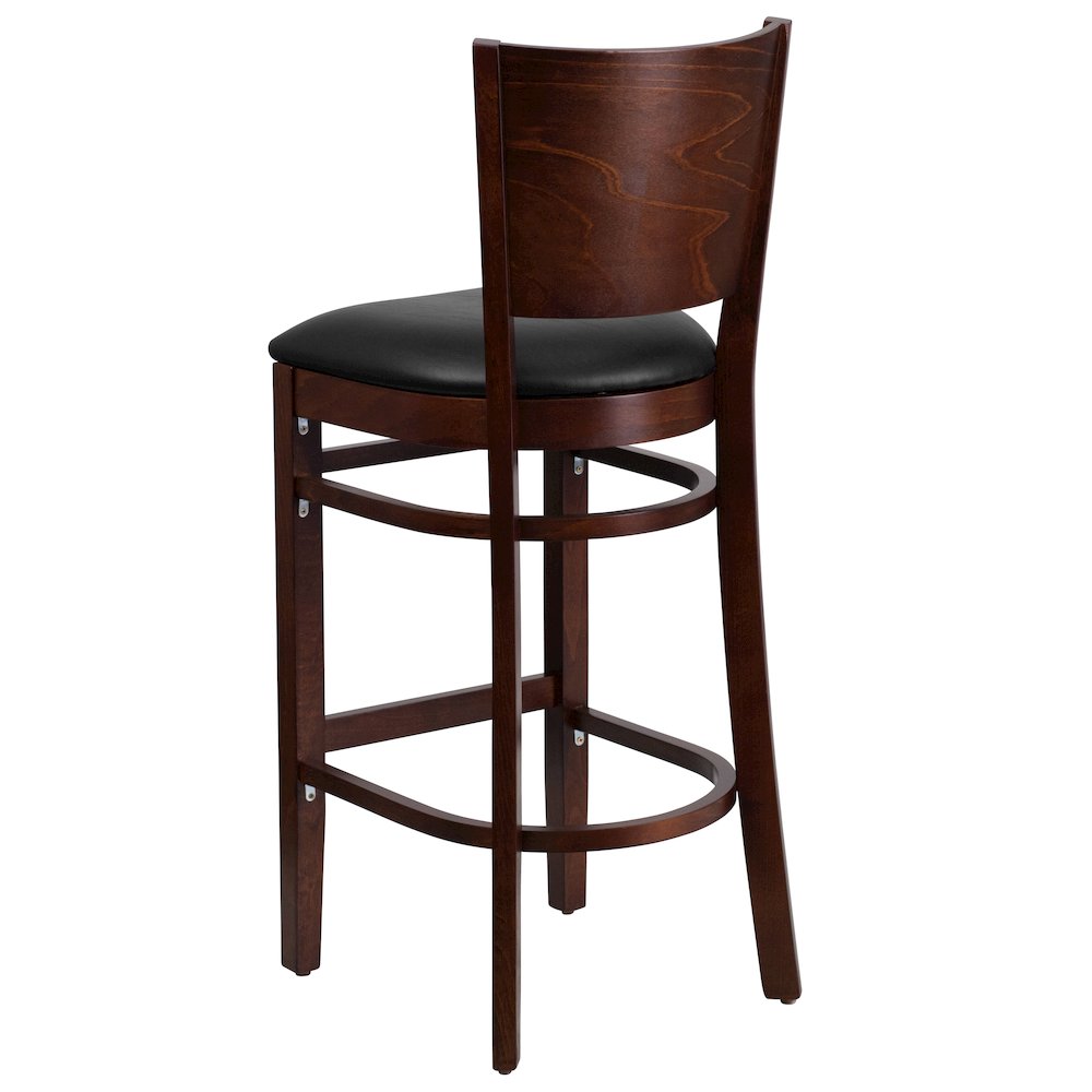 Solid Back Walnut Wood Restaurant Barstool – Black Vinyl Seat