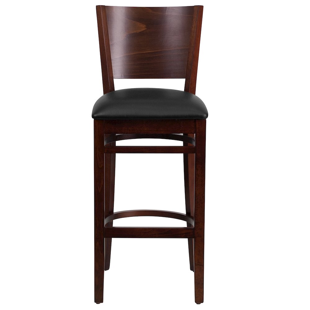 Solid Back Walnut Wood Restaurant Barstool – Black Vinyl Seat