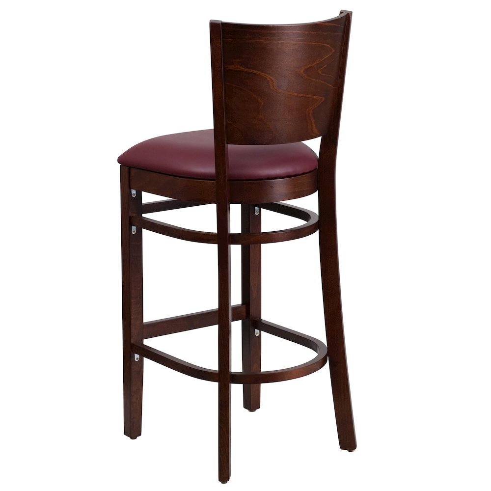 Solid Back Walnut Wood Restaurant Barstool – Burgundy Vinyl Seat