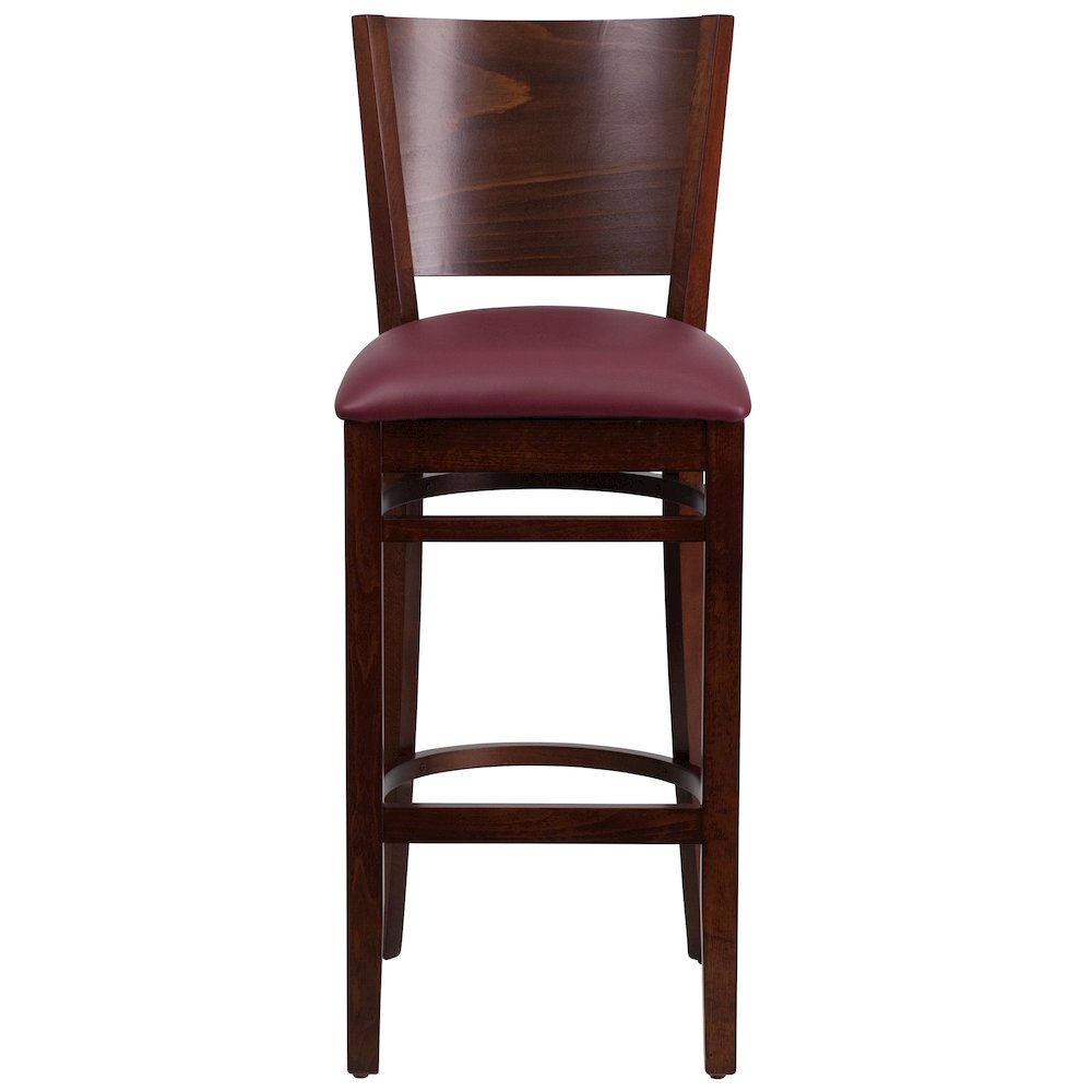Solid Back Walnut Wood Restaurant Barstool – Burgundy Vinyl Seat