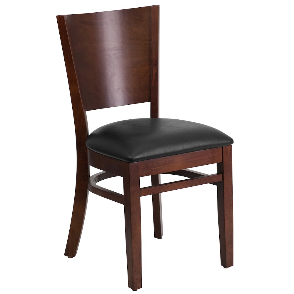 Solid Back Walnut Wood Restaurant Chair – Black Vinyl Seat