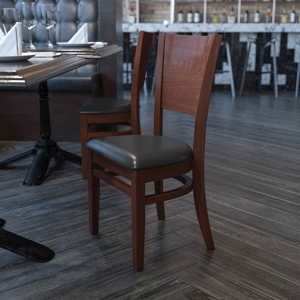 Solid Back Walnut Wood Restaurant Chair – Black Vinyl Seat