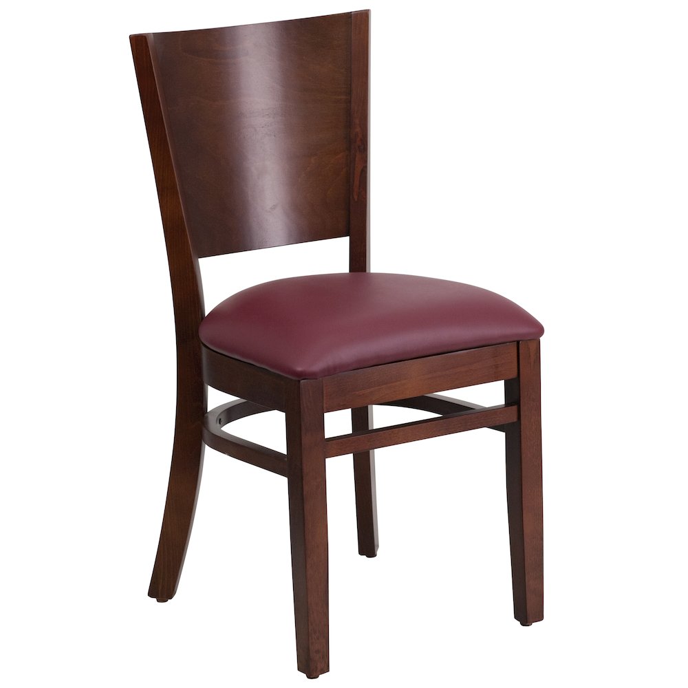 Solid Back Walnut Wood Restaurant Chair – Burgundy Vinyl Seat