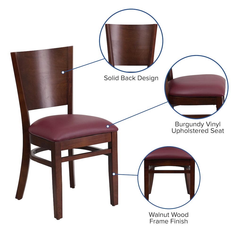 Solid Back Walnut Wood Restaurant Chair – Burgundy Vinyl Seat