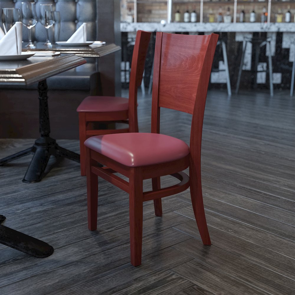 Solid Back Walnut Wood Restaurant Chair – Burgundy Vinyl Seat