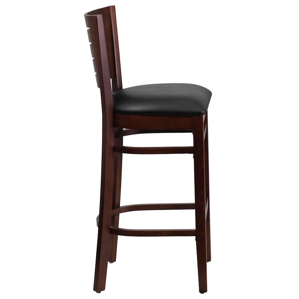 Slat Back Walnut Wood Restaurant Barstool – Black Vinyl Seat