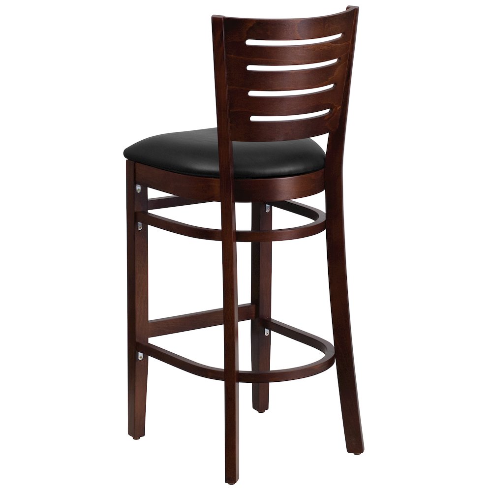 Slat Back Walnut Wood Restaurant Barstool – Black Vinyl Seat