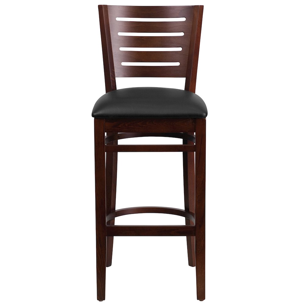 Slat Back Walnut Wood Restaurant Barstool – Black Vinyl Seat
