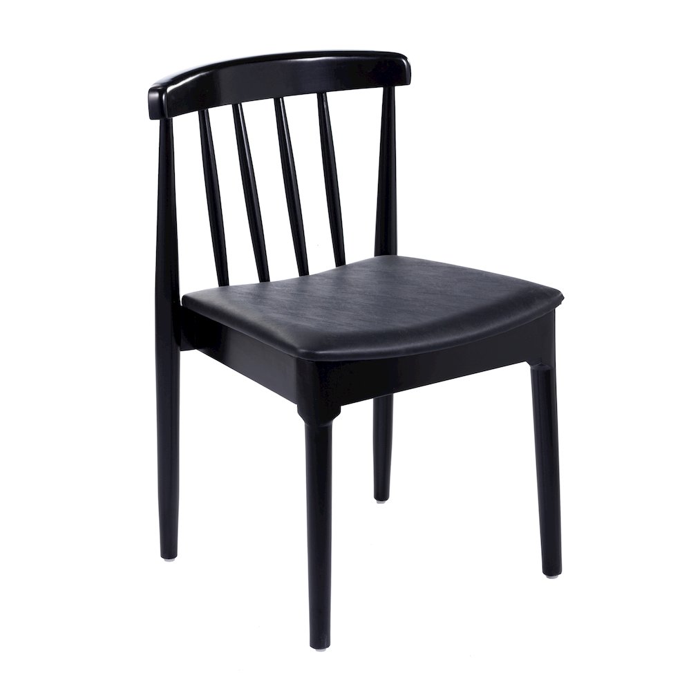 Solid Wood Black Dining Chair with Curved Spindle Backrest and Black Vinyl Seat