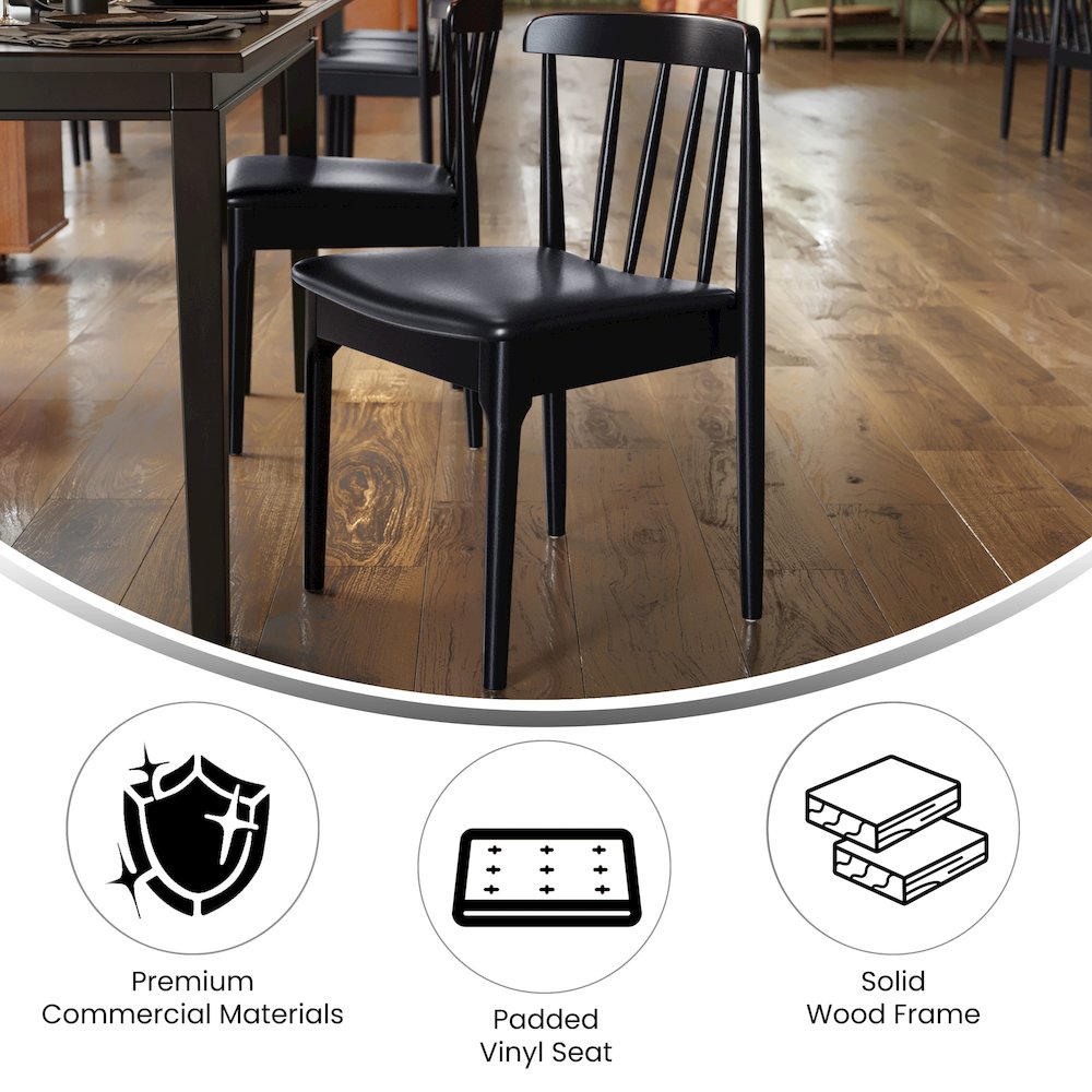 Solid Wood Black Dining Chair with Curved Spindle Backrest and Black Vinyl Seat