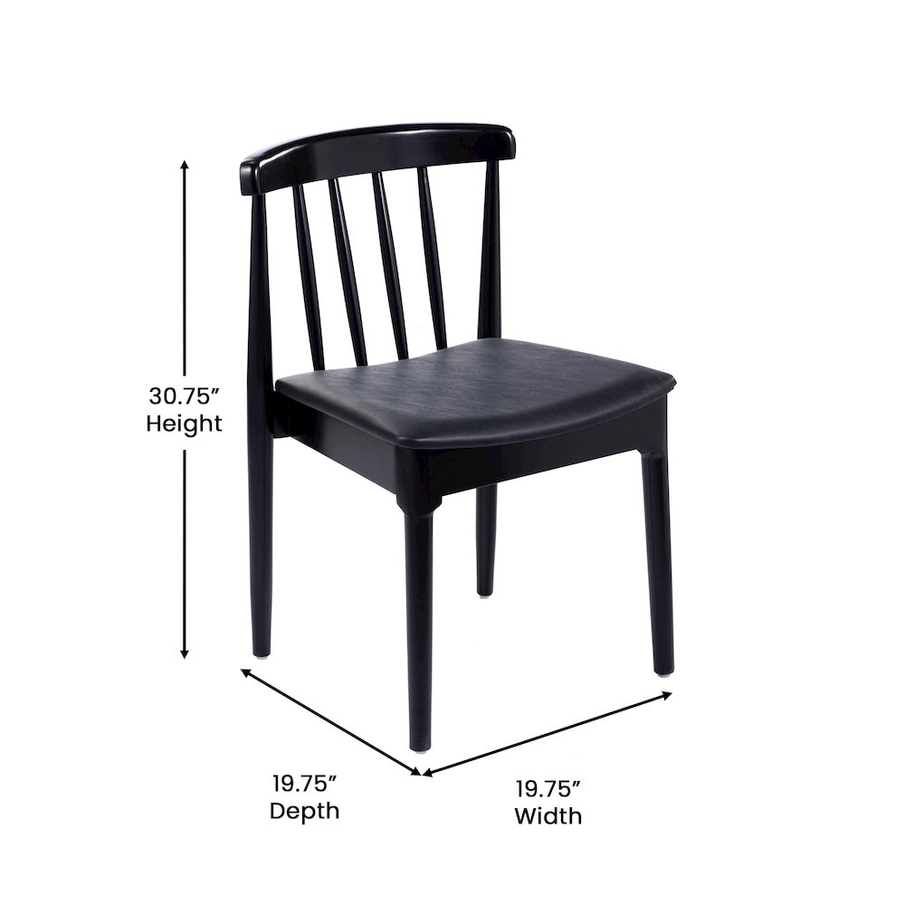 Solid Wood Black Dining Chair with Curved Spindle Backrest and Black Vinyl Seat