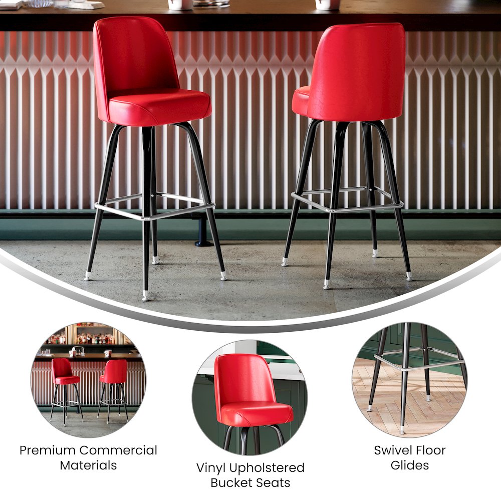 James Commercial Grade Metal Barstool with Red Swivel Bucket Seat