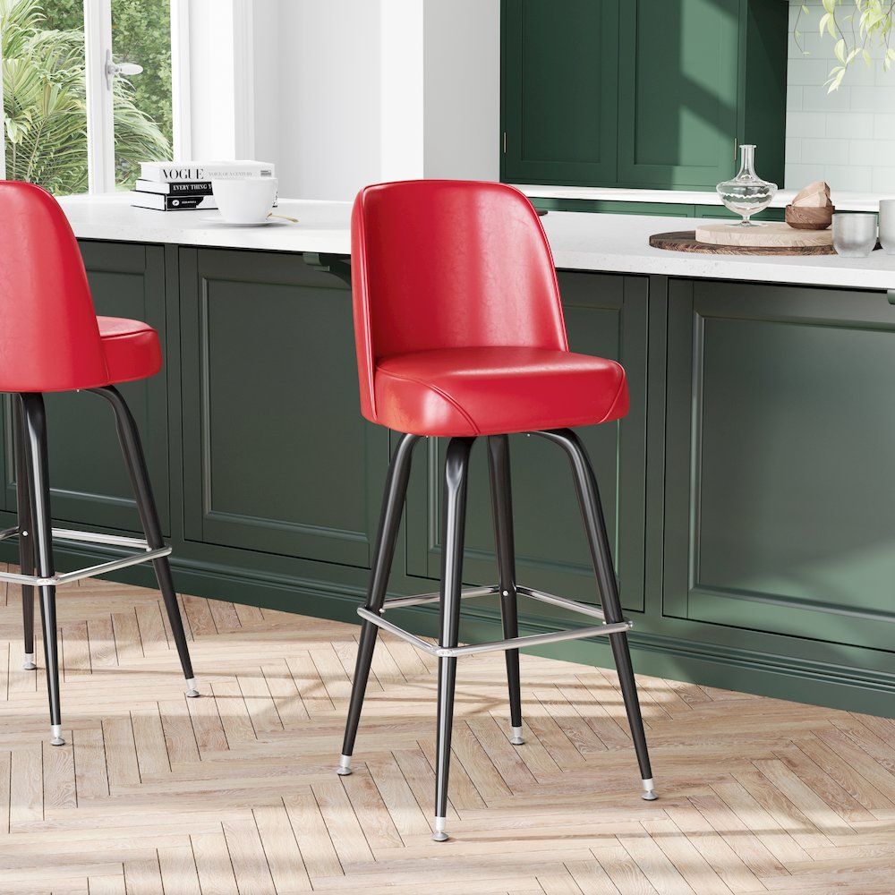 James Commercial Grade Metal Barstool with Red Swivel Bucket Seat