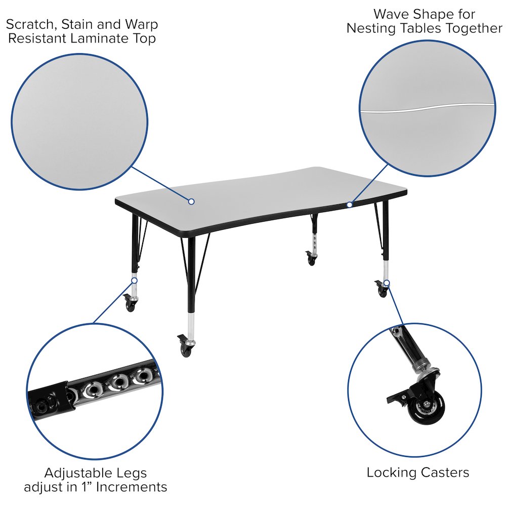 Mobile 76″ Wave Activity Table Set with 14″ Student Stack Chairs