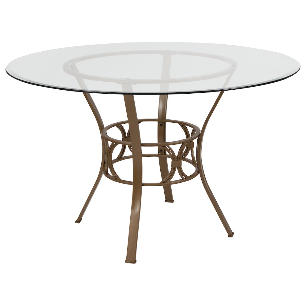 48” Round Glass Dining Table with Matte Gold Metal Frame