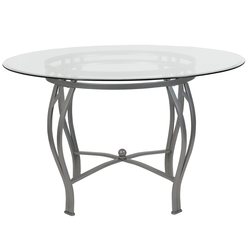 48” Round Glass Dining Table with Silver Metal Frame