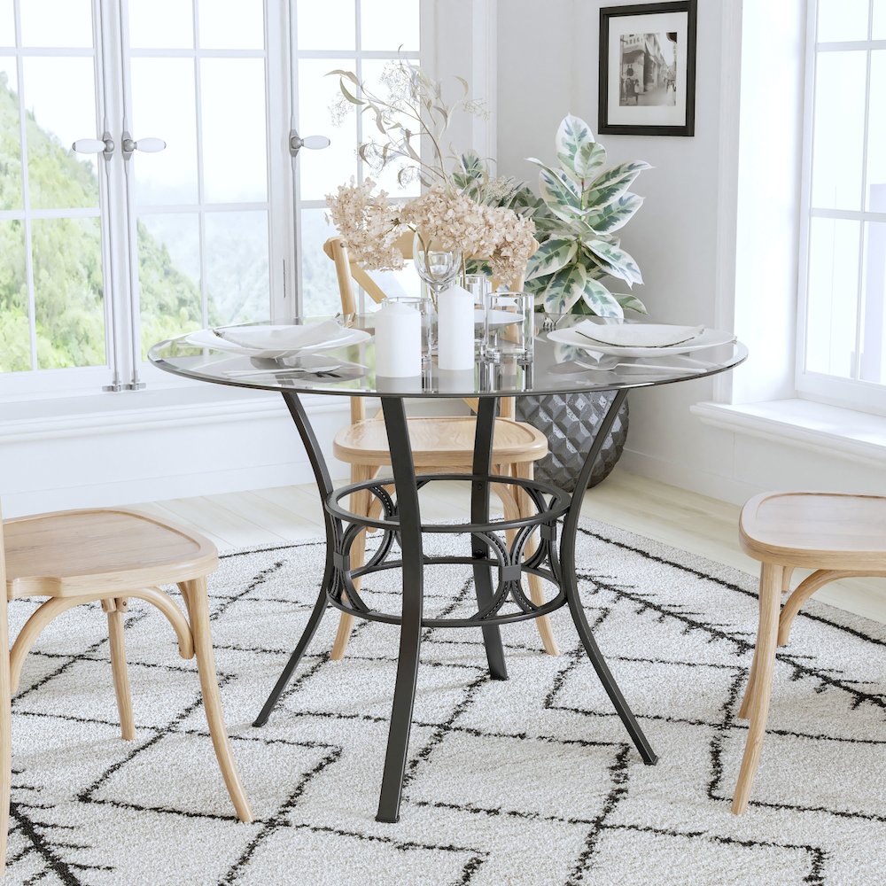 42” Round Glass Dining Table with Black Metal Frame