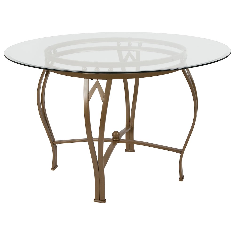 48” Round Glass Dining Table with Matte Gold Metal Frame