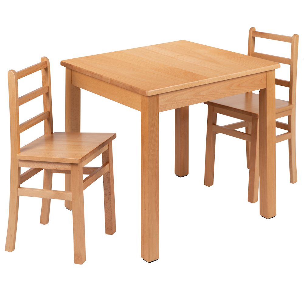 Solid Wood Classroom Table Set: 1 Square Table and 2 Chairs