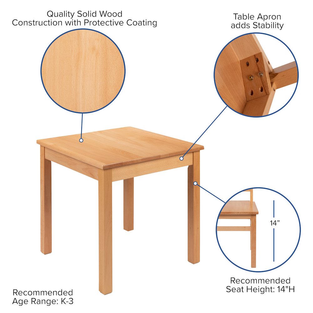 Solid Wood Classroom Table Set: 1 Square Table and 2 Chairs