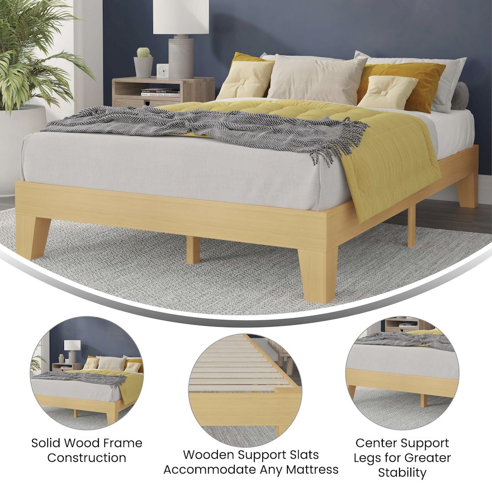 Natural Pine Finish Wood Full Platform Bed with Wooden Support Slats